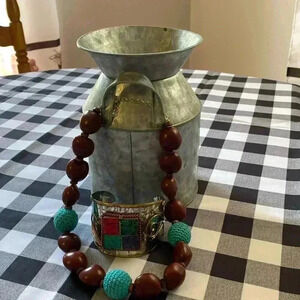 Mosaic Cuff Bracelet 7 1/8 " Around & Wooden Beaded Necklace 20 inches Long